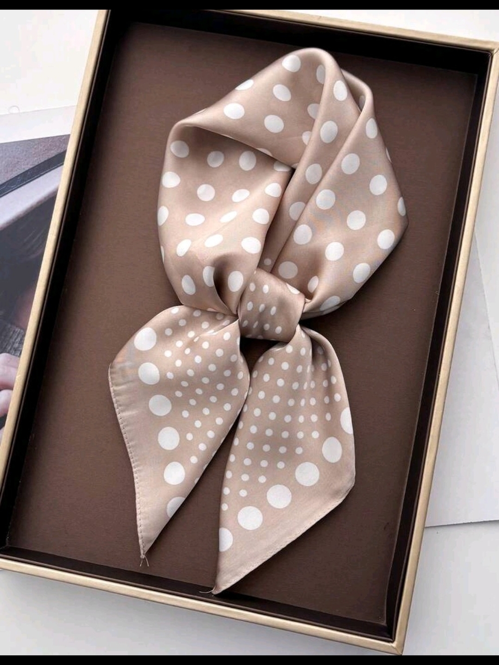 Polka Dot Satin Neck Scarf - Beige/White 27.5"/27.5"